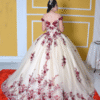 Vestido de XV Nude 3D Vinotinto con Cola de Ensueño – Estilo Princesa