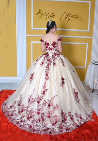 Vestido de XV NUDE 3D VINOTINTO2 Vestido de XV Nude 3D Vinotinto con Cola de Ensueño – Estilo Princesa